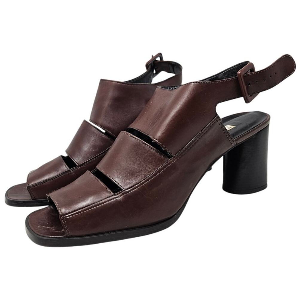 Vintage 90s Enzo Angiolini 10 Brown Leather Square Toe Chunky Sandal Minimalist